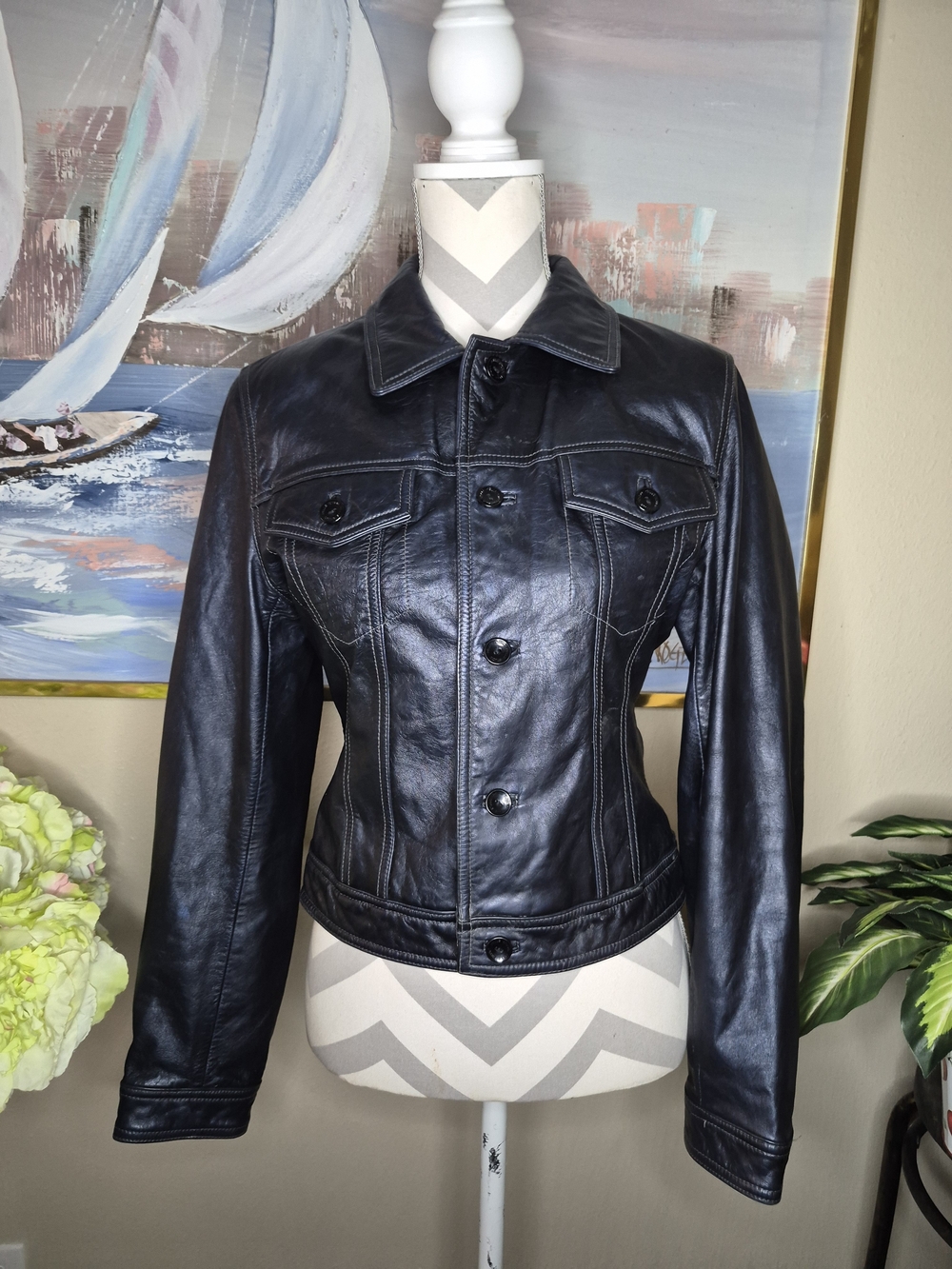 Pelle Studio Wilsons Leather Very Dark Black Blue Leather Button-Front Jacket